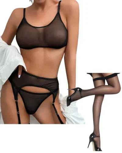 Fantezi Siyah Transparan Tül Jartiyer Takımı