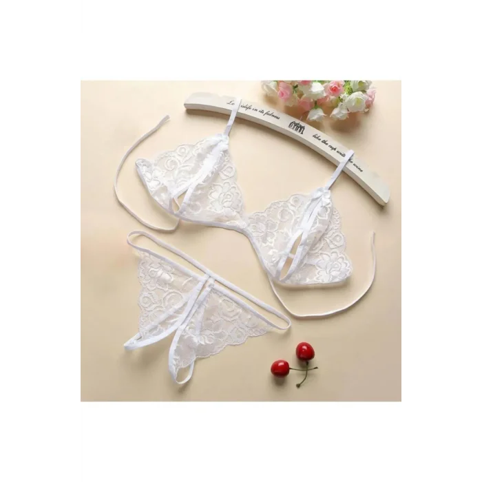 Fantezi Beyaz Dantelli Seksi Sütyen Kilot Takım - Büyük Beden Seçenekli