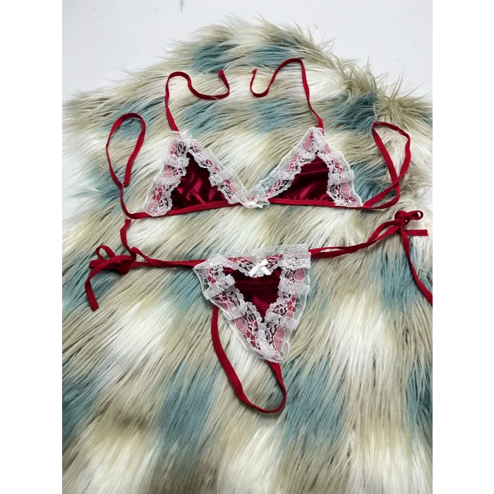 Fantezi Kırmızı Dantelli Seksi Kadife Sütyen String Takımı