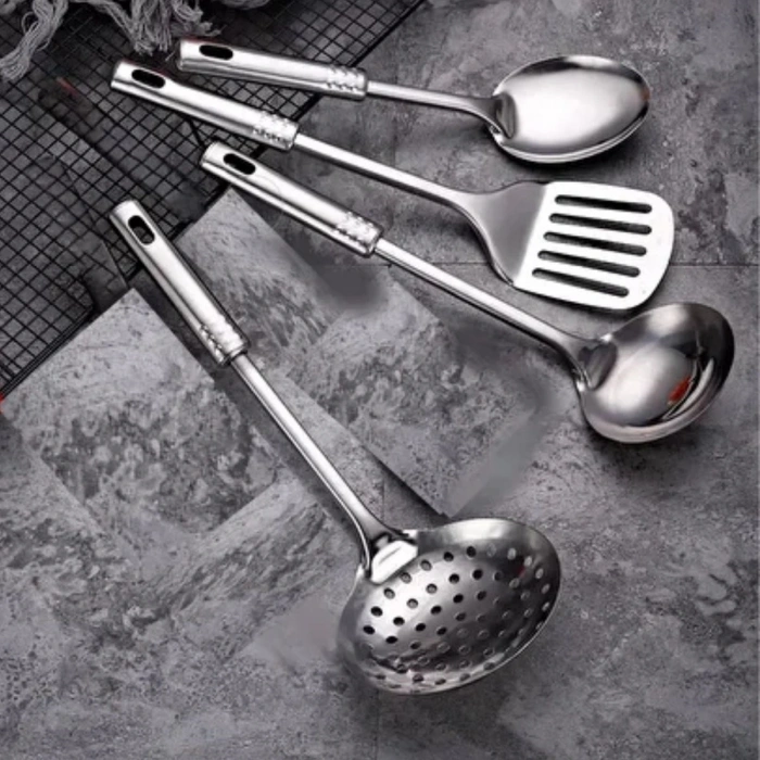 BUFFER® 4lü Çelik Kepçe,Süzgeç,Servis Kaşığı,Spatula Mutfak Yemek Hazırlama Servis Seti