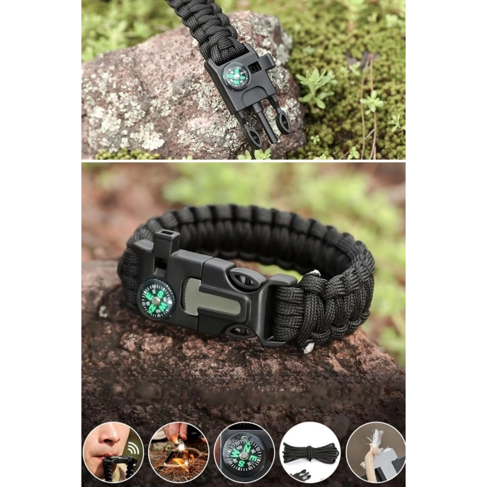 BUFFER® 5i 1 Arada Çok Fonksiyonlu Hayatta Kalma Bilekliği Pusula, Düdük, Çakmak Taşı ve Şemsiye İpi Bileklik