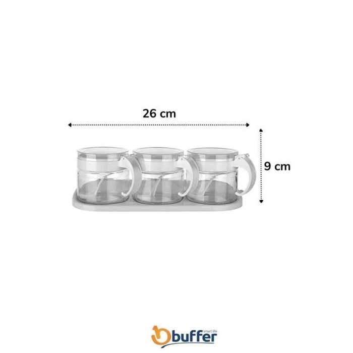 BUFFER® Beyaz 3lü Standlı Kapaklı Kaşıklı Cam Hava Sızdırmaz Baharatlık Takımı KC-386