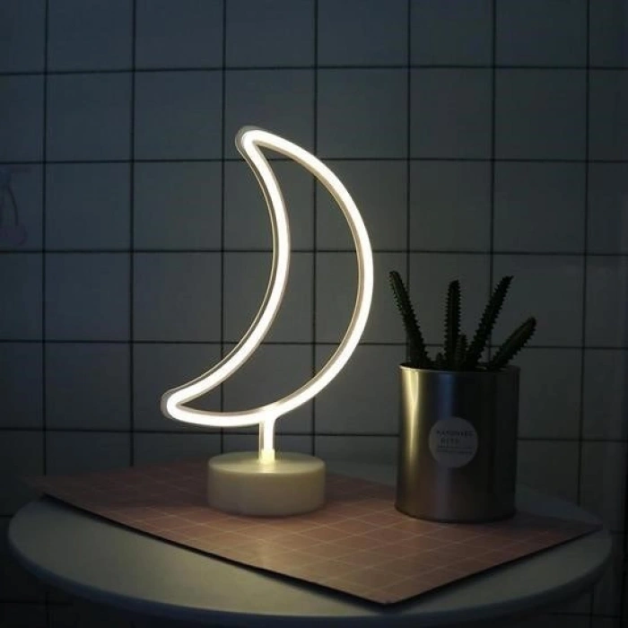 BUFFER® Dekoratif Pilli Ay Tasarımlı 3D Neon Led Masa Ve Gece Lambası