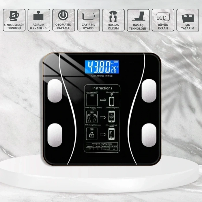 BUFFER® Dijital Baskül Yağ Ölçer Fonksiyonlu Akıllı Baskül Bluetooth Bağlantılı Tartı
