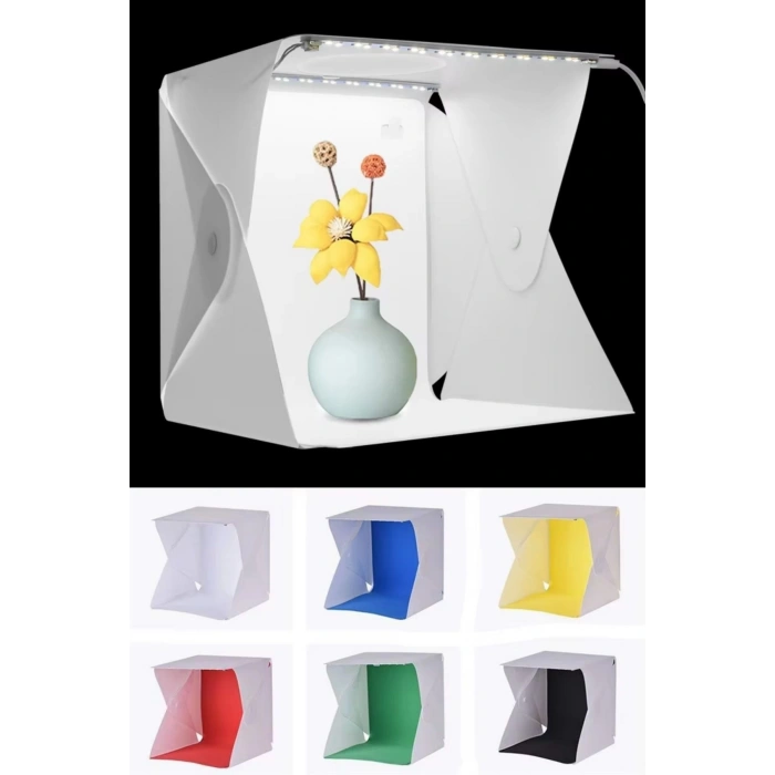 BUFFER® Katlanır Işıklı Fotoğraf Stüdyosu 40x40 cm 6 Renk Fonlu Ürün Çekimi İçin Uygun Fotoğraf Çekim Kutusu