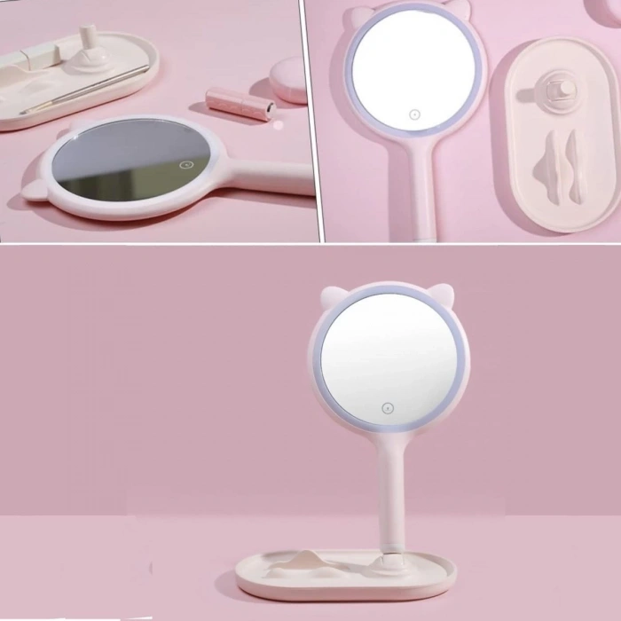BUFFER® Kedi Kulaklı Telefon Standlı Yuvarlak Dokunmatik Led Ayarlı Masa Üstü Makyaj Aynası