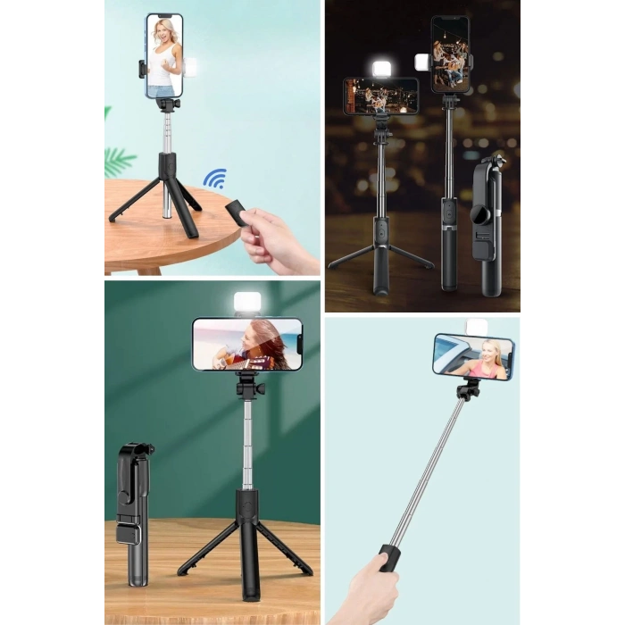 BUFFER® Kendiliğinden Işıklı Masaüstü Tripod Olabilen Telefon Tutuculu Kablosuz Kumandalı Selfie Çubuğu