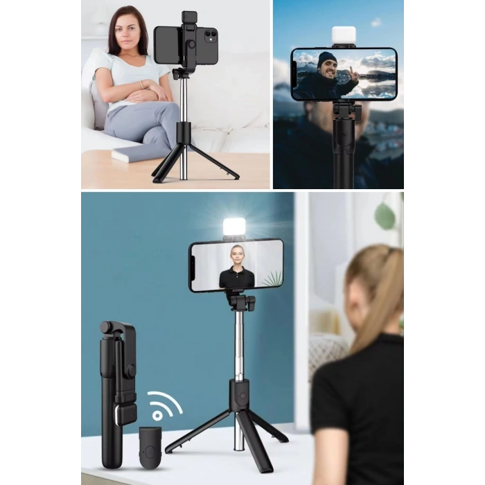 BUFFER® Kendiliğinden LED Işıklı Kumandalı Uzayabilen Selfie Çubuğu,Masa Üstü Tripod