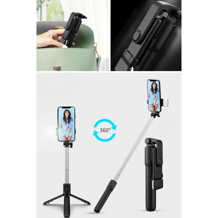 BUFFER® Kendiliğinden LED Işıklı Kumandalı Uzayabilen Selfie Çubuğu,Masa Üstü Tripod