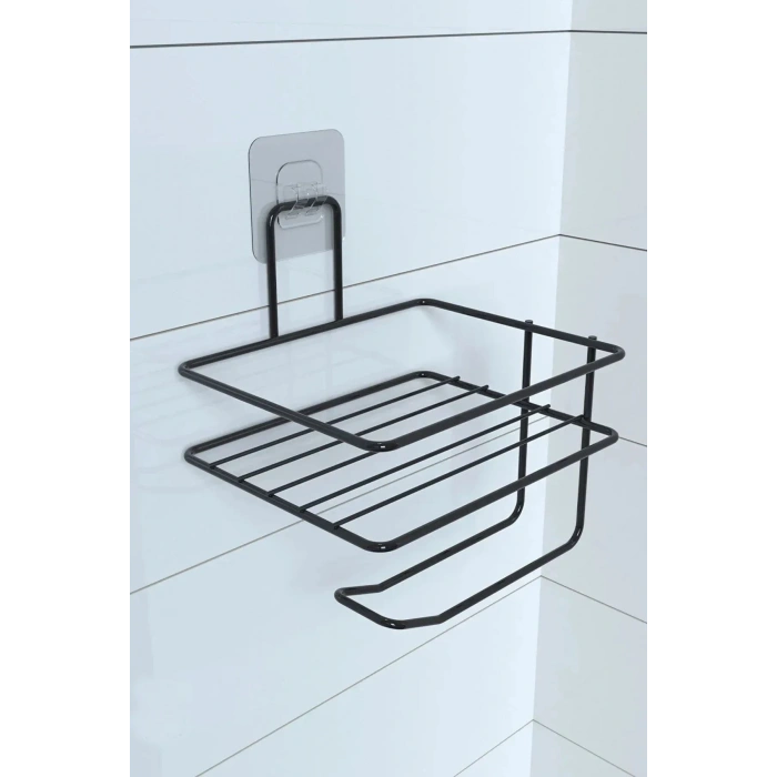 BUFFER® Kendiliğinden Yapışkanlı Tuvalet Kağıdı Tutacağı ve Yedek Raf - Siyah Modern Metal Tasarım