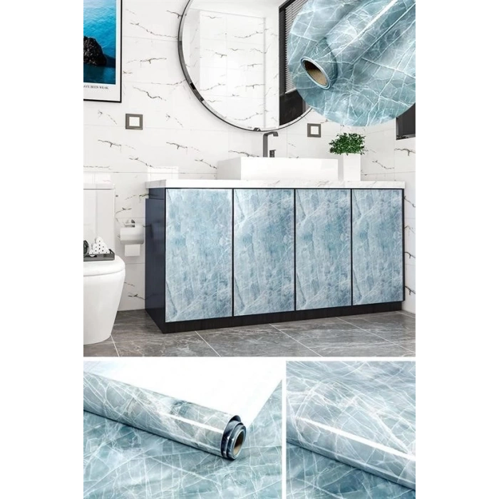 BUFFER® Mermer Desenli Masa Tezgah Mutfak Su Geçirmez Yapışkanlı Folyo Sticker Mavi 5x0,6m