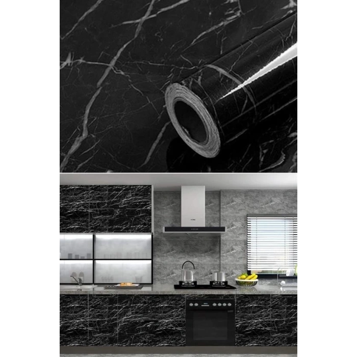 BUFFER® Mermer Desenli Masa Tezgah Mutfak Su Geçirmez Yapışkanlı Folyo Sticker Siyah 5x0,6m