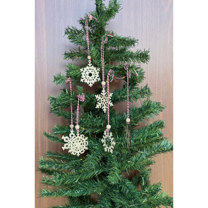 BUFFER® Pilli Peri Ledli 6 Parça Kırmızı Beyaz İpli Kar Tanesi Model Ahşap Yılbaşı Ağaç Süsü