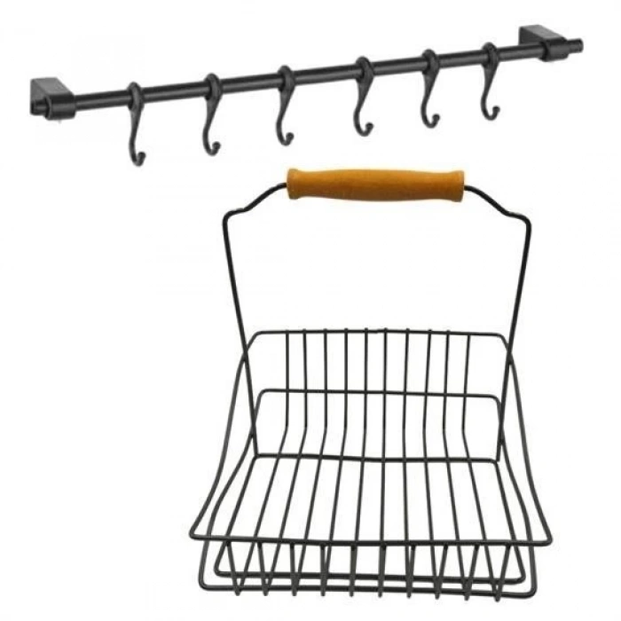 BUFFER® Retro Ferforje Askılı Siyah  Ahşap Kulplu Düzenleyici Mutfak Sepeti