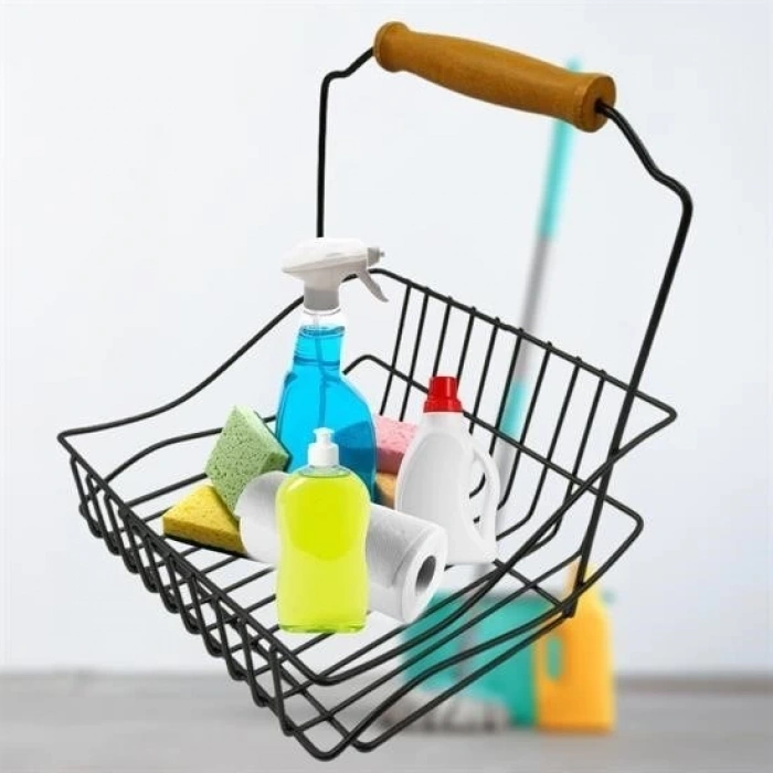 BUFFER® Retro Ferforje Askılı Siyah  Ahşap Kulplu Düzenleyici Mutfak Sepeti