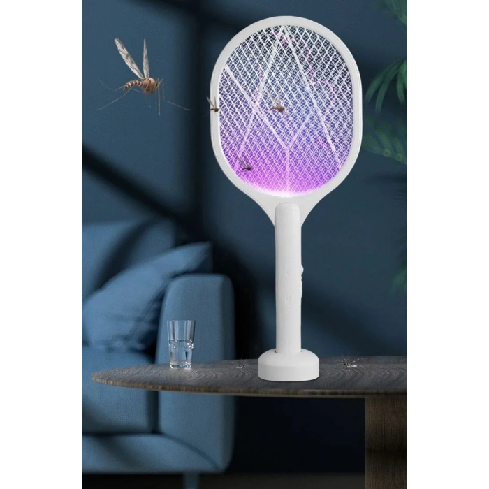 BUFFER® Şarjlı Sinek Öldürücü Masaüstü Standlı,Mor Işık Sinek Kovucu Raket 5w