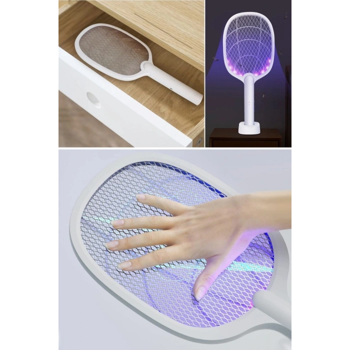 BUFFER® Şarjlı Sinek Öldürücü Masaüstü Standlı,Mor Işık Sinek Kovucu Raket 5w