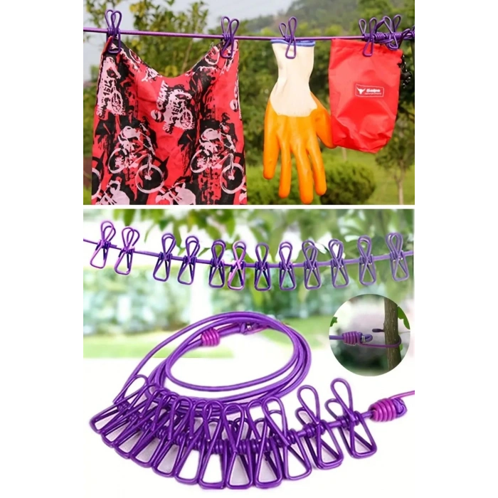 BUFFER® Taşınabilir Seyahat Çamaşır İpi 12 Mandallı Klipsli Lastikli Çamaşır Mandalları