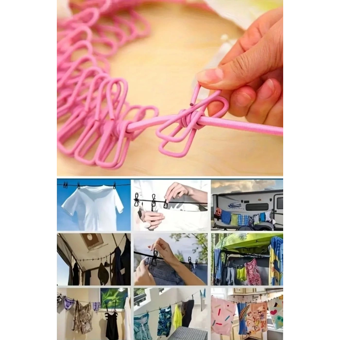 BUFFER® Taşınabilir Seyahat Çamaşır İpi 12 Mandallı Klipsli Lastikli Çamaşır Mandalları