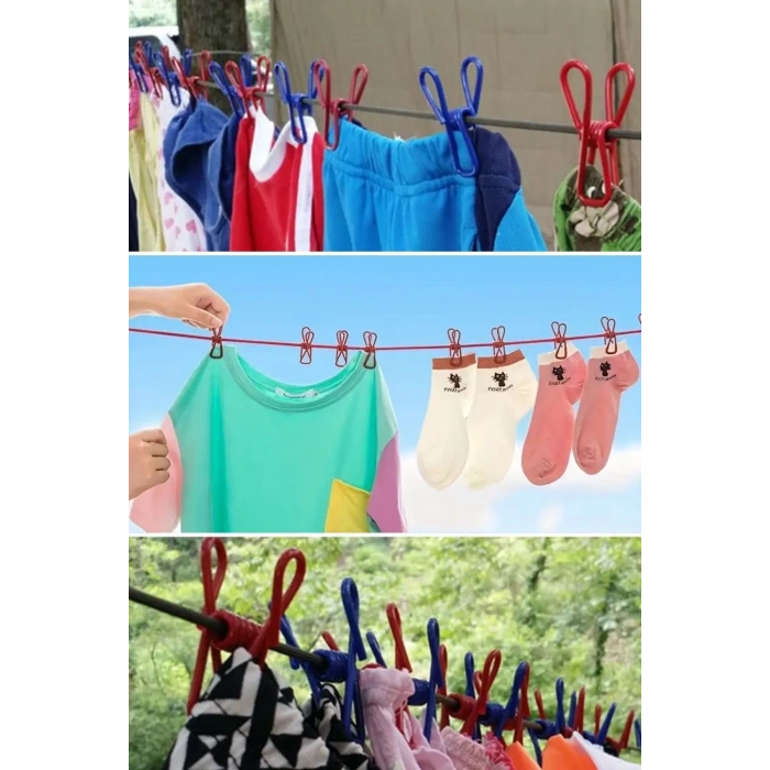 BUFFER® Taşınabilir Seyahat Çamaşır İpi 12 Mandallı Klipsli Lastikli Çamaşır Mandalları