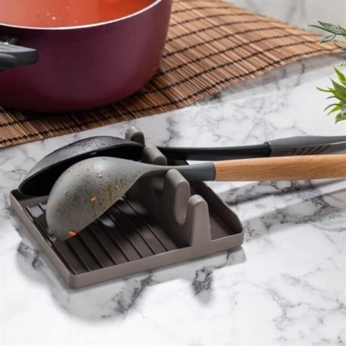 BUFFER® Tencere Kapak Tutuculu Kaşıklıklı Tencere Kapak Standı Pratik Kaşık Kepçe Altlık Düzenleyici