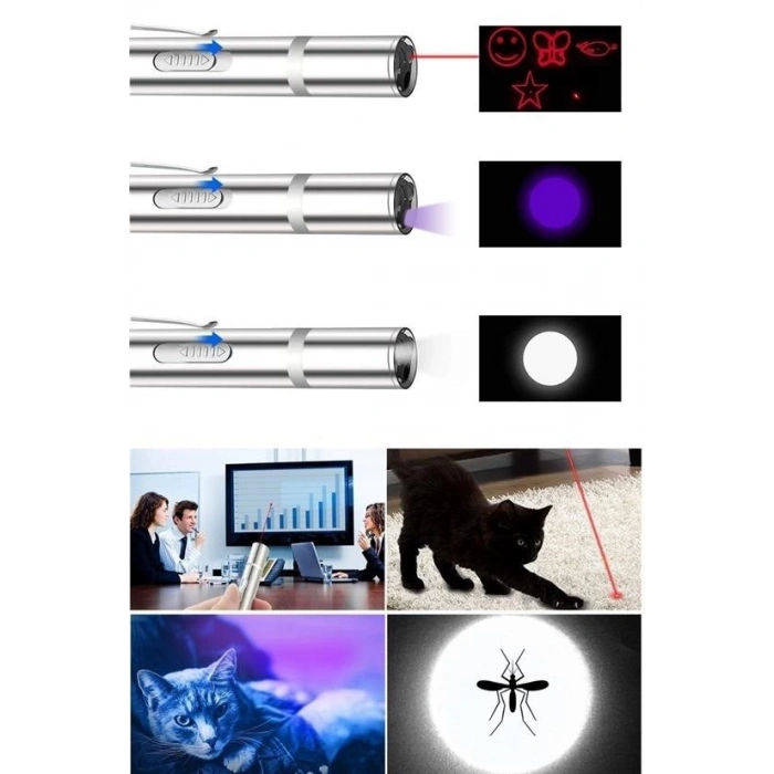BUFFER® Usb İle Şarj Edilebilen 3In 1 Kırmızı Işık +Beyaz Led Meşale Işık + Uv El Feneri Kedi Lazeri