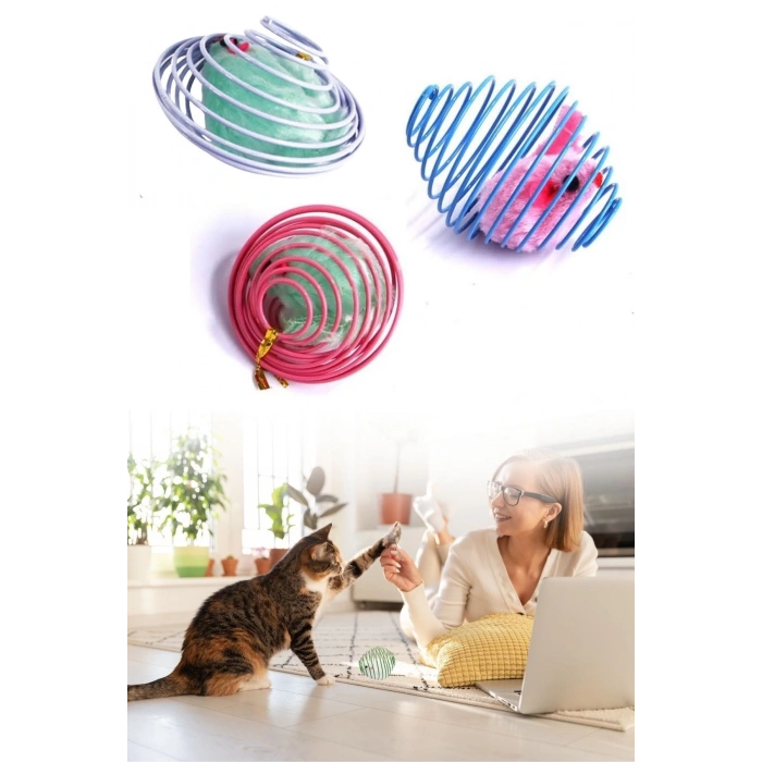 BUFFER® Yaylı Metal Fareli Kafes Kedi Oyun Topu Sıçrayan Spiral Kedi Topu