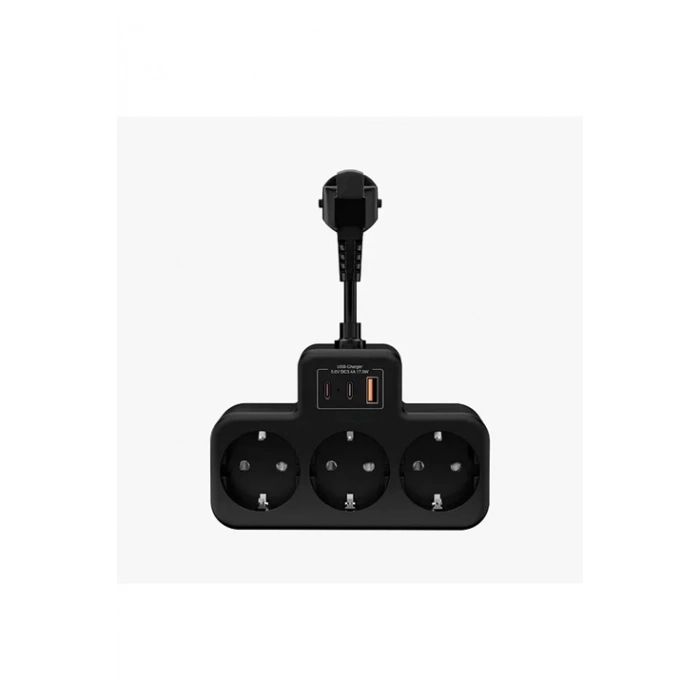 Çoklu Kablolu Priz Yüksek Gerilim Korumalı 3’lü Priz 1x Usb 2x Type-c Çıkışlı Grup Priz Çoğaltıcı Siyah