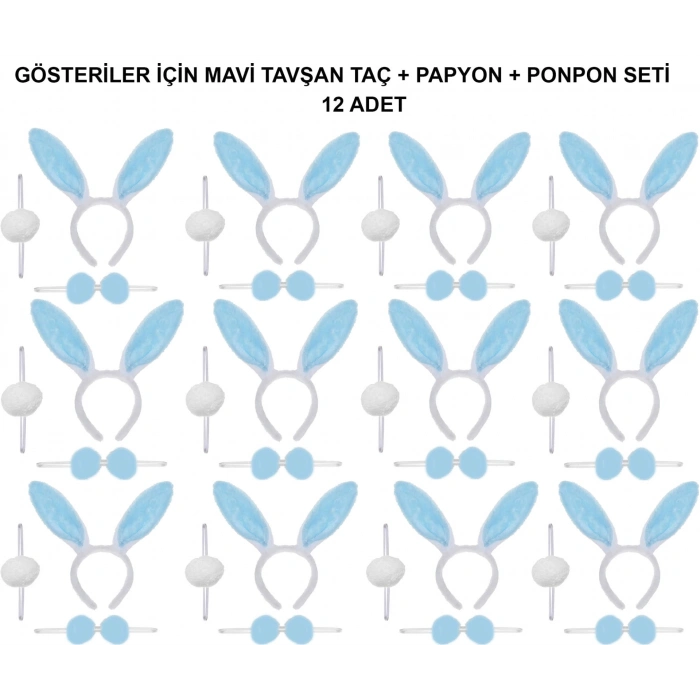 Mavi Tavşan Kostüm Seti – Taç, Papyon, Ponpon (12’li Paket)