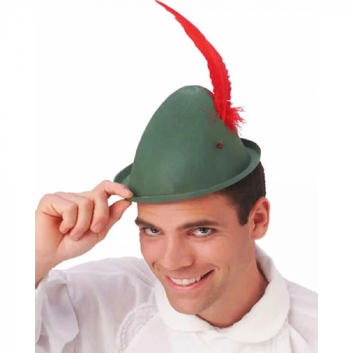 Peter Pan Şapkası Yeşil Renk Kırmızı Tüylü