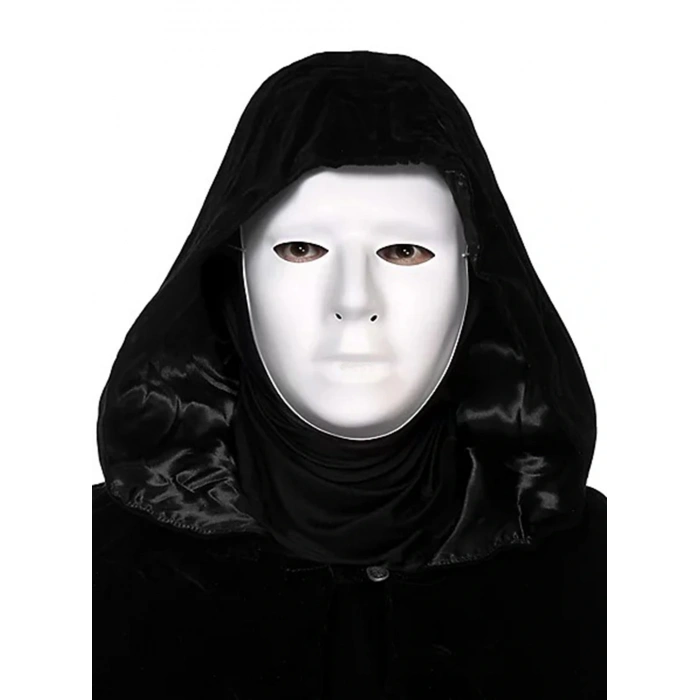 Siyah Kapüşonlu 120 cm Pelerin ve Beyaz Boyanabilir Tam Yüz Maske