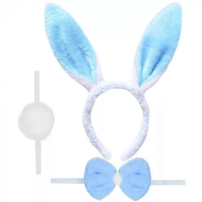 Tavşan Kostüm Seti Mavi Renk - Taç, Papyon, Ponpon, Kuyruk