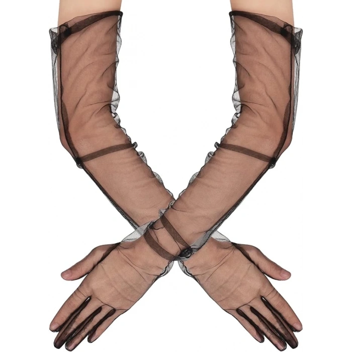 Uzun Boy Likralı Siyah Renk Yetişkin Mega Tül Eldiven 53 Cm