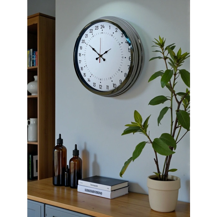 Zentime Krom 40 Cm Metal 24 Saat Göstergeli Özel Tasarım Duvar Saati