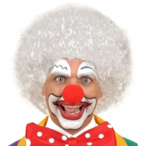 Beyaz Kıvırcık Afro Peruk ve Kırmızı Sünger Burun Seti