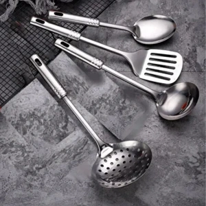 BUFFER® 4lü Çelik Kepçe,Süzgeç,Servis Kaşığı,Spatula Mutfak Yemek Hazırlama Servis Seti