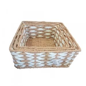 Kare Örgü Desenli Doğal Hasır Sepet Seti - 3lü