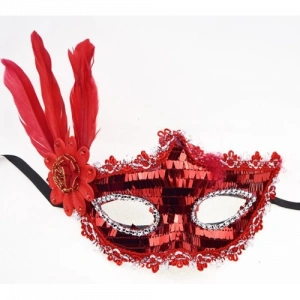 Kırmızı Payetli Pullu Tüylü Parti Maskesi