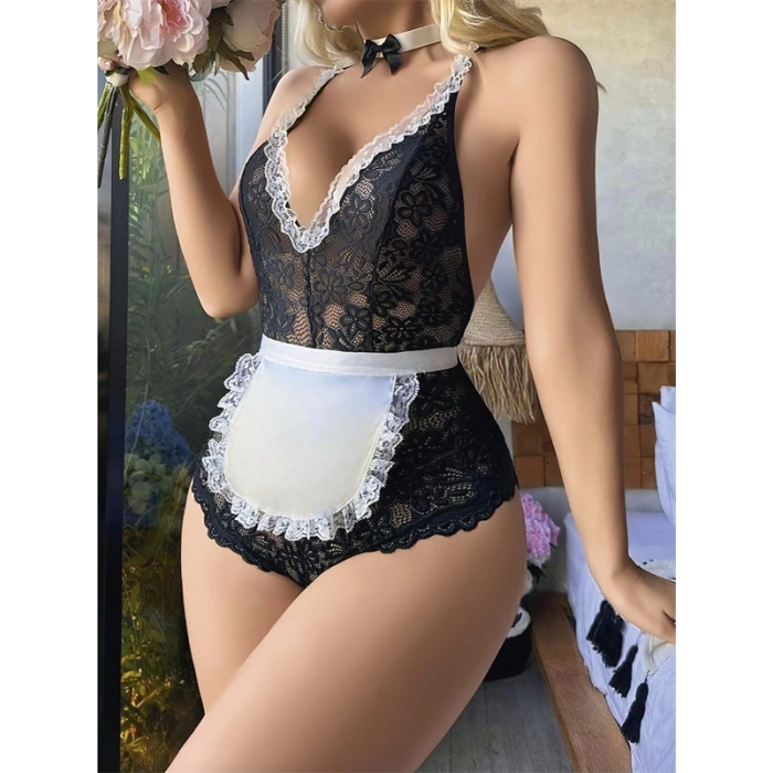 Will Like Siyah Dantel İşlemeli Kurdelalı Fransız Hizmetçi Kostümü