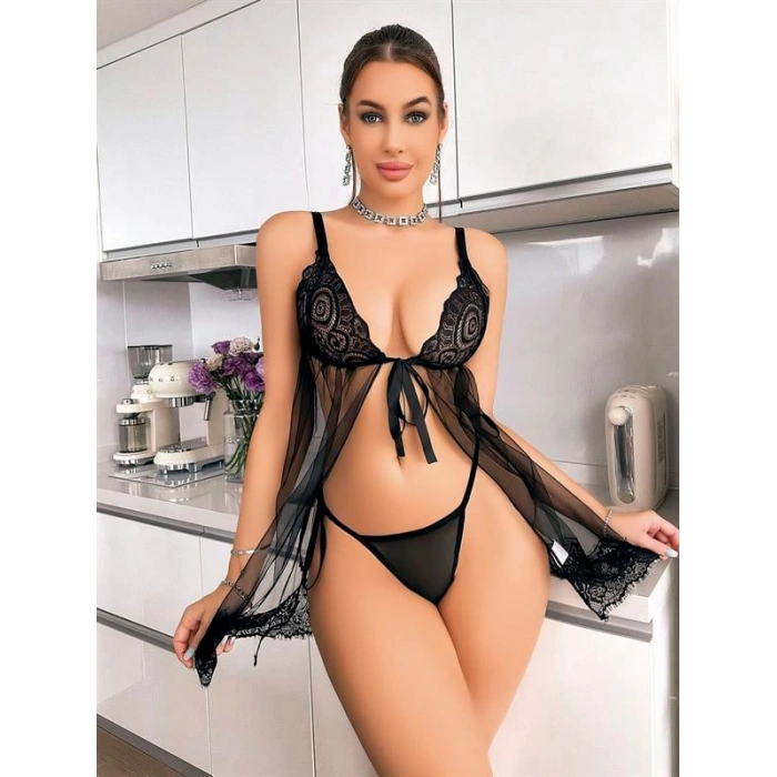 Will Like Siyah Dantel İşlemeli Önden Bağlamalı Fantezi Şık Tül Gecelik