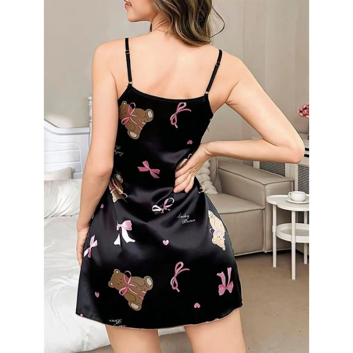 Will Like Siyah İnce Askılı Ayıcık Desenli Saten Mini Gecelik