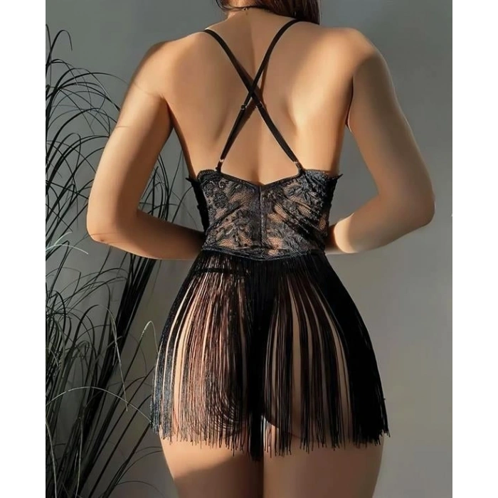 Will Like Siyah Püsküllü Dantel Detaylı Fantezi Gecelik