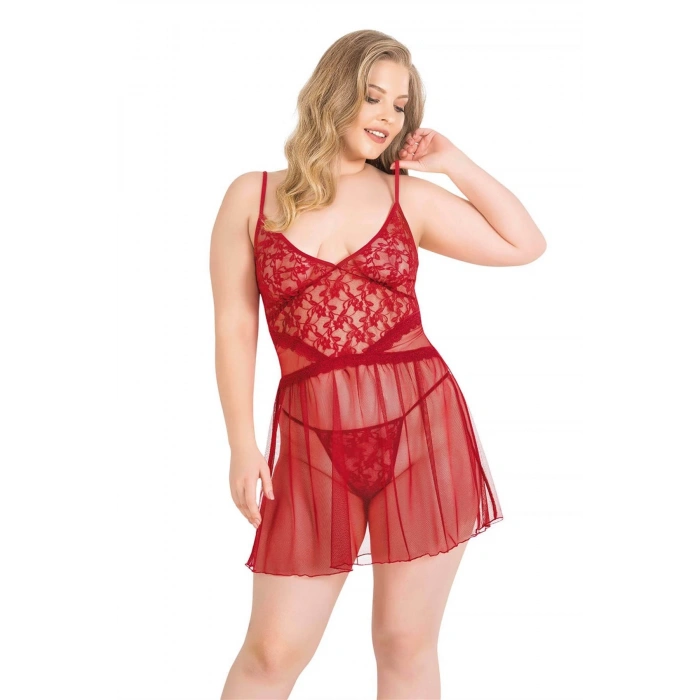 Will Like Büyük Beden Kırmızı Kısa Tül Gecelik