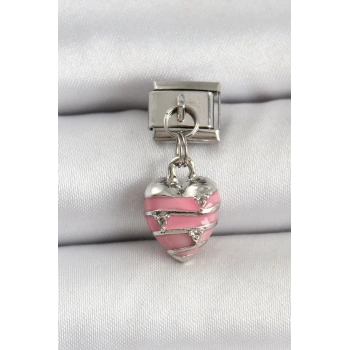 316L Çelik Gümüş Renk Pembe Kalp Model Nomination Charm