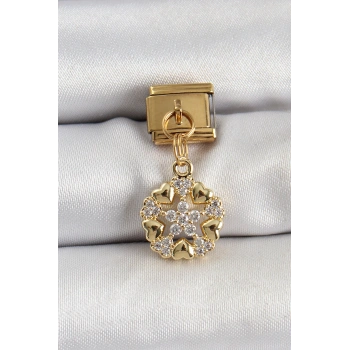 316L Çelik Sallantılı Zirkon Taşlı Kalp Detaylı Yıldz Model Gold Renk Nomination Charm