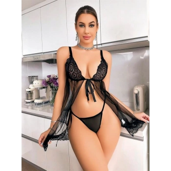 Will Like Siyah Dantel İşlemeli Önden Bağlamalı Fantezi Şık Tül Gecelik