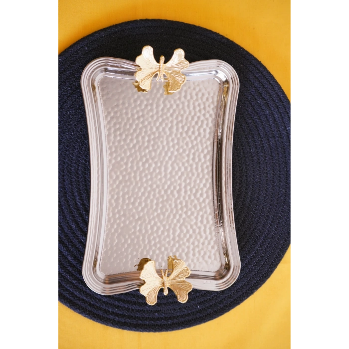 Cooker Dikdörtgen Dövme Desenli Kelebekli Kulplu Metal Tepsi 25x17 cm