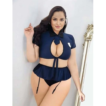 Will Like Büyük Beden Lacivert Göğüs Detay Büstiyerli Kravatlı Mini Etekli Fantezi Polis Kostümü