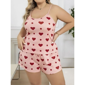 Will Like Büyük Beden Pembe Kalp Desen Pamuklu Şortlu Pijama Takımı