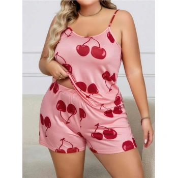 Will Like Büyük Beden Pembe Kiraz Desen İnce Askılı Pamuklu Şortlu Pijama Takımı